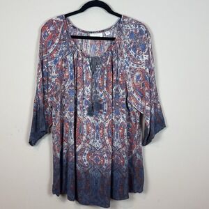 Avenue Women's Blue Paisley Boho Peasant Blouse SZ 22/24 Tassel Comfort Stretch
